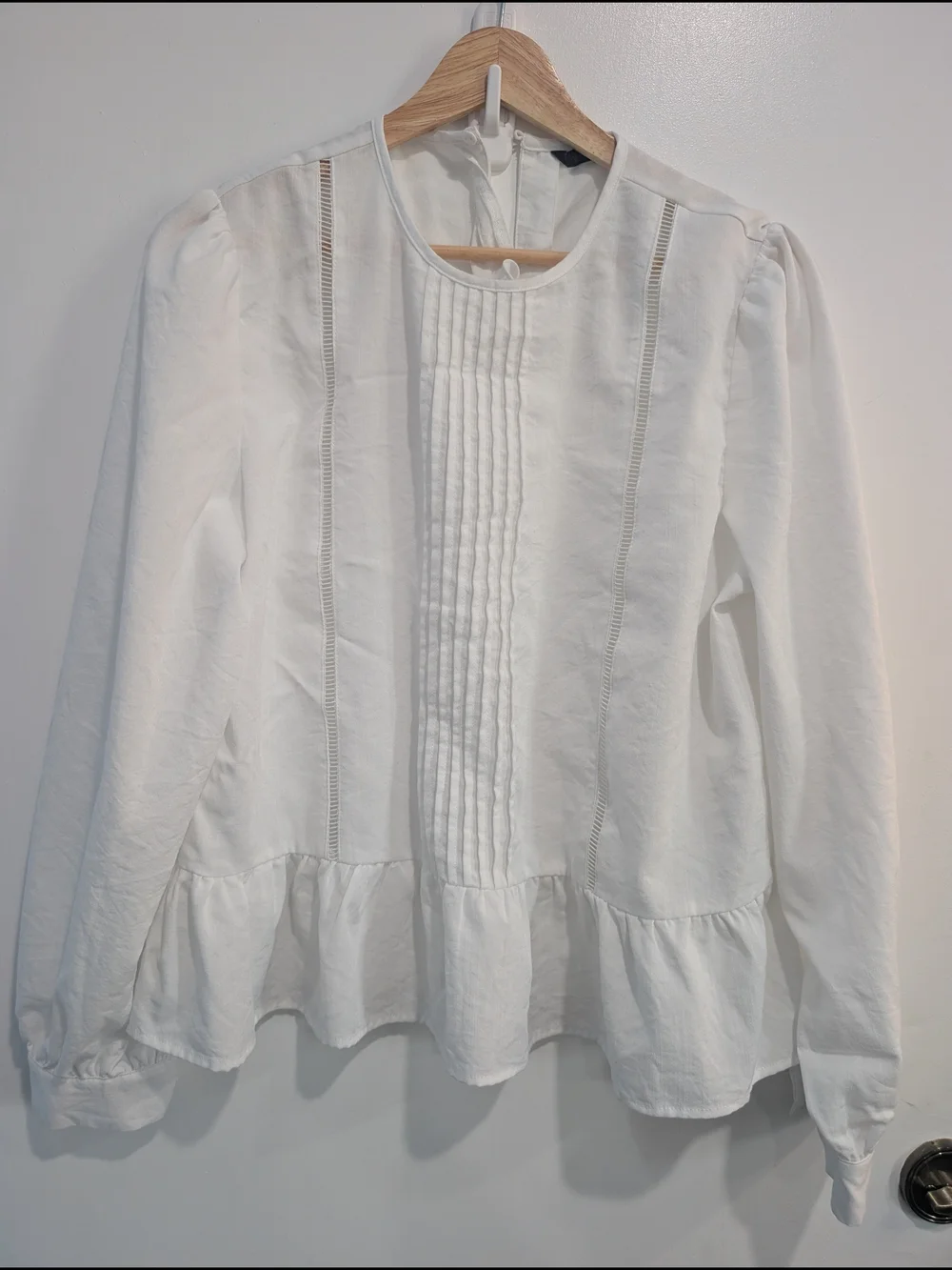 Zara Ladder Stitch Peplum Blouse White Pleated Size Large